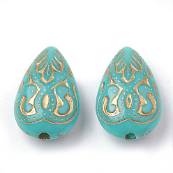 Turquoise Teardrop Plating Acrylic Beads, Golden Metal Enlaced, Turquoise, 18x11.5x7.5mm, Hole: 1.5mm, about 588pcs/500g