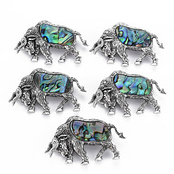 Colorful Cow Alloy Brooch, Natural Paua Shell Lapel Pin with Loop for Backpack Clothes Pendant Jewelry, Cadmium Free & Lead Free, Antique Silver, Colorful, 33x54x9.5mm, Hole: 7x4.5mm, Pin: 0.7mm