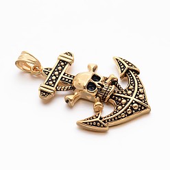 Antique Golden Retro Antique Golden Plated 304 Stainless Steel Anchor with Pirate Style Skull Big Pendants, 53x37.5x7mm, Hole: 5.5x8mm