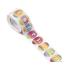 Egg 9 Patterns Easter Theme Self Adhesive Paper Sticker Rolls, Egg-Shaped Sticker Labels, Gift Tag Stickers, Rabbit & Flower, Easter Theme Pattern, 38x30x0.1mm, 500pcs/roll