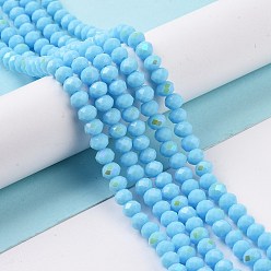 Sky Blue Electroplate Opaque Solid Color Glass Beads Strands, Half Rainbow Plated, Faceted, Rondelle, Sky Blue, 4x3mm, Hole: 0.4mm, about 123~127pcs/strand, 16.5~16.9 inch(42~43cm)