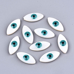 Light Sea Green Natural Freshwater Shell Beads, with Enamel, Horse Eye with Evil Eye, Light Sea Green, 18.5x8.5x4mm, Hole: 0.8mm