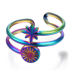 Rainbow Color 304 Stainless Steel Star Cuff Ring, Open Ring for Women Girls, Rainbow Color, US Size 6(16.9mm)