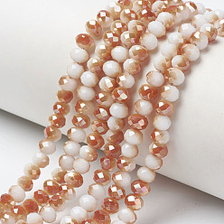 White Electroplate Opaque Solid Color Glass Beads Strands, Half Plated, Rainbow Plated, Faceted, Rondelle, White, 4x3mm, Hole: 0.4mm, about 123~127pcs/strand, 16.5~16.9 inch(42~43cm)