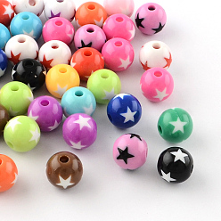 Mixed Color Star Pattern Opaque Acrylic Beads, Round, Mixed Color, 19~20x18mm, Hole: 3mm, about 116pcs/500g