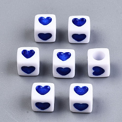 Blue Opaque Acrylic European Beads, Large Hole Cube Beads, with Heart Pattern, Blue, 7x7x7mm, Hole: 4mm, about 1900pcs/500g