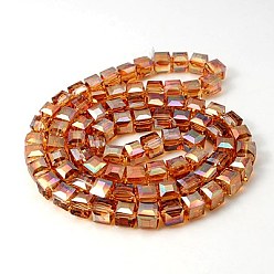 Orange Red Electorplated Glass Beads, Rainbow Plated, Faceted, Cube, Orange Red, 9x9x9mm, Hole: 1mm