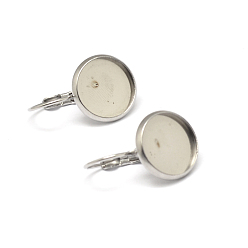 Stainless Steel Color 304 Stainless Steel Leverback Earring Settings, Flat Round, Stainless Steel Color, Tray: 12mm, 23~26x14x2mm, Pin: 1mm