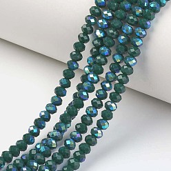 Teal Electroplate Opaque Solid Color Glass Beads Strands, Half Rainbow Plated, Faceted, Rondelle, Teal, 4x3mm, Hole: 0.4mm, about 123~127pcs/strand, 16.5~16.9 inch(42~43cm)