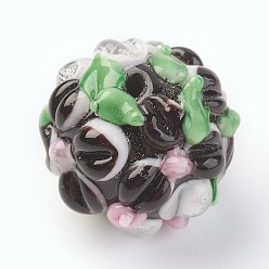 Black Handmade Lampwork Beads, Rondelle with Flower, Bumpy, Black, 14~15x12~13mm, Hole: 1.5~1.8mm