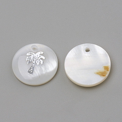 Platinum Freshwater Shell Pendants, Flat Round & Coconut Tree, Platinum, 16x3.5~4mm, Hole: 1.2mm