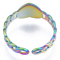 Rainbow Color Ion Plating(IP) 304 Stainless Steel Heart with Chain Cuff Rings, Open Rings for Women Girls, Rainbow Color, US Size 6(16.9mm)