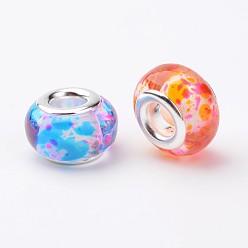 Mixed Color Resin European Beads, Large Hole Rondelle Beads, with Brass Cores, Silver Color Plated, Mixed Color, 14x9mm, Hole: 4.5mm