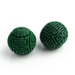 Dark Green Handmade Cinnabar Beads, Carved Lacquerware, Round, Dark Green, 24x22mm, Hole: 2mm