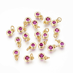 Magenta Brass with Single Cubic Zirconia Charms, Single Stone Charms, Flat Round, Golden, Magenta, 6.5x4.5x2mm, Hole: 2.5~3mm