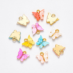 Mixed Color Alloy Pendants, with Resin and Glitter Powder, Butterfly, Golden, Mixed Color, 13x13~15x3.5mm, Hole: 2mm