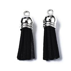 Black Faux Suede Tassel Pendant Decorations, with CCB Plastic Cord Ends, Platinum, Black, 35~37x10mm, Hole: 1.8mm