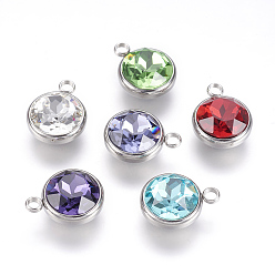 Mixed Color K9 Glass Rhinestone Pendants, with 304 Stainless Steel Findings, Flat Round, Mixed Color, 18x14x9mm, Hole: 2.5mm