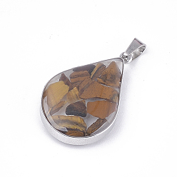 Tiger Eye Natural Tiger Eye Pendants, with Glass and 304 Stainless Steel Findings, teardrop, Stainless Steel Color, 26.5~27x17~17.5x6.5~7mm, Hole: 3x5.5mm