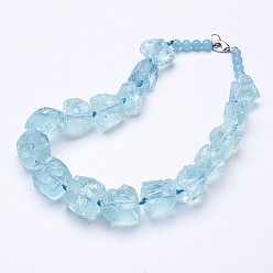 Aquamarine Rough Synthetic Aquamarine Beaded Necklaces, with Natural & Dyed White Jade Round Beads and Brass Lobster Claw Clasps, 19.2 inch~20.2 inch
