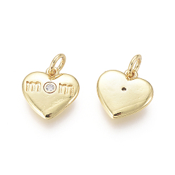 Clear Golden Plated Brass Charms, with Cubic Zirconia and Jump Rings, Heart with Word Mom, for Mother's Day, Clear, 11x11x2mm, Hole: 2.5mm