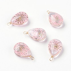 Lavender Blush Inner Flower Glass Pendants, with Long-Lasting Plated Brass Findings, Nickel Free, teardrop, Real 18K Gold Plated, Lavender Blush, 21.5~22.5x13~14.5x8~9mm, Hole: 1.8mm