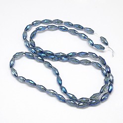 Marine Blue Electroplate Crystal Glass Rice Beads Strands, Faceted, Rainbow Color Plated, Marine Blue, 4x9mm, Hole: 1mm, about 58pcs/strand, 20.4 inch