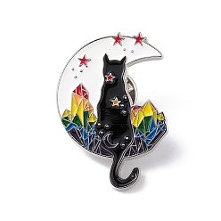 Colorful Rainbow Color Pride Flat Moon with Cat Enamel Pin, Platinum Alloy Brooch for Backpack Clothes, Colorful, 35x25x1.5mm