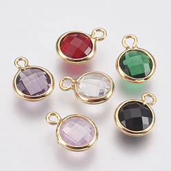 Mixed Color Glass Charms, with Brass Findings, Faceted Flat Round, Nickel Free, Real 18K Gold Plated, Mixed Color, 9.5x7x3mm, Hole: 1.2mm