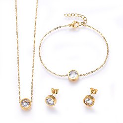 Doré  304 définit bijoux en acier inoxydable, colliers, boucles d'oreilles et bracelets, avec zircons, plat rond, or, 17.7 pouce (45 cm), 180mm, 9~10x4mm, pin: 0.8 mm