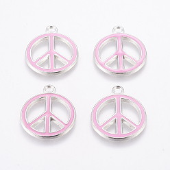 Pink Alloy Enamel Pendants, Lead Free and Cadmium Free, Peace Sign, Platinum Metal Color, Pink, 29x24.5x2mm, Hole: 3mm