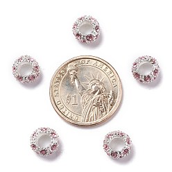 Rose Clair Perles européennes en strass d'alliage , Perles avec un grand trou   , rondelle, couleur argent plaqué, rose clair, 11x6mm, Trou: 5mm