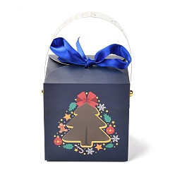 Christmas Tree Christmas Folding Gift Boxes, with Transparent Window and Ribbon, Gift Wrapping Bags, for Presents Candies Cookies, Christmas Tree Pattern, 9x9x15cm