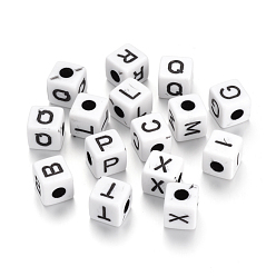 Black Opaque Horizontal Hole Acrylic Beads, Mixed Letters, Cube with Letter, Black, 9.5~10x9~10x9~10mm, Hole: 4mm, about 550pcs/500g