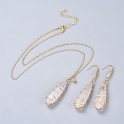 Golden Natural Quartz Crystal Pendants Necklaces and Dangle Earrings Jewelry Sets, with 316 Surgical Stainless Steel Findings and Brass Chains, teardrop, Golden, 18.5 inch(47cm), 1mm, 62~63mm, Pin: 0.7mm
