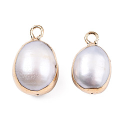 Light Gold Electroplate Natural Baroque Pearl Keshi Pearl Pendants, Cultured Freshwater Pearl, with Iron Findings, Oval Charm, Light Gold, 13~17x9~11.5x9~11mm, Hole: 1.8mm & 0.7mm