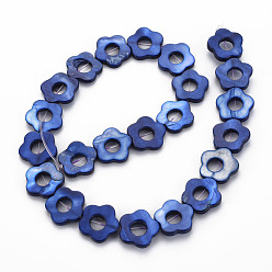 Blue Freshwater Shell Beads Frames Strands, Dyed, Flower, Blue, 14.5~15x15~16x2.5mm, Hole: 1mm, about 23pcs/strand, 13.19 inch(35cm)