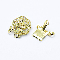 Golden Brass Micro Pave Cubic Zirconia Box Clasps, Flower, Golden, 20x13x6mm, Hole: 1mm and 2mm