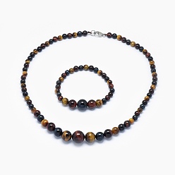 Œil De Tigre Oeil de tigre naturel perles de graduation colliers et bracelets ensembles de bijoux, avec fermoirs mousquetons en laiton  , 17.5 pouce (44.5 cm), 2 pouce (5 cm)