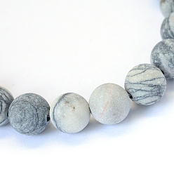 Netstone Frosted Natural Black Silk Stone/Netstone Round Bead Strands, 6~6.5mm, Hole: 1mm, about 63pcs/strand, 15.5 inch