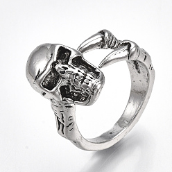 Античное Серебро Сплав манжеты кольца пальцев, широкая полоса кольца, череп, античное серебро, Размер 9, 19 мм