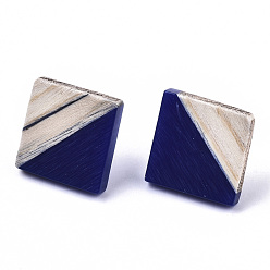 Midnight Blue Opaque Resin & Wood Stud Earrings, with 304 Stainless Steel Pin, Rhombus, Midnight Blue, 17x18mm, Pin: 0.7mm