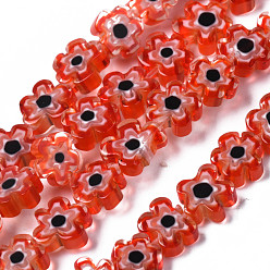 Rouge Orange Main millefiori perles de verre brins, fleur, rouge-orange, 5.5~8x2.5mm, Trou: 1mm, Environ 64~67 pcs/chapelet, 15.75 pouces ~ 16.34 pouces (40~41.5 cm)