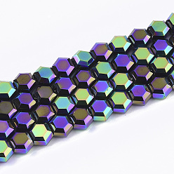 Blue Violet Electroplate Glass Beads Strands, Faceted, Hexagon, Blue Violet, 5x6x4mm, Hole: 1mm, about 100pcs/strand, 20.4 inch