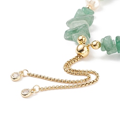 Green Aventurine Natural Green Aventurine Chips & Pearl Beaded Slider Bracelet, Gemstone Jewelry for Women, Golden, Inner Diameter: 2-1/8~3-1/4 inch(5.4~8.4cm)