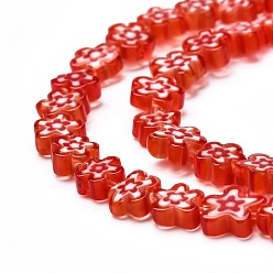 Rouge Main millefiori perles de verre brins, fleur, rouge, 4~7.2x2.6mm, Trou: 1mm, Environ 60~69 pcs/chapelet, 16 pouce (40 cm)