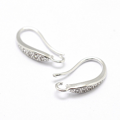 Real Platinum Plated Brass Micro Pave Cubic Zirconia Earring Hooks, with Horizontal Loop, Lead Free & Nickel Free & Cadmium Free, Real Platinum Plated, 15~16x7~8x2.5mm, Hole: 1mm, 18 Gauge, Pin: 1mm