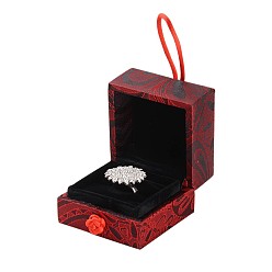 Indian Red Chinoiserie Embroidered Silk Ring Boxes, with Velvet and Sponge, Square, Indian Red, 70x70x55mm