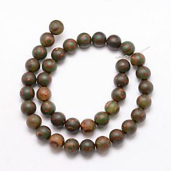 3-Eye Tibetan Style 3-Eye dZi Beads, Natural Agate Bead Strands, Round, Matte Style, Dyed & Heated, Dark Olive Green, 10mm, Hole: 1mm, about 37pcs/strand, 15 inch