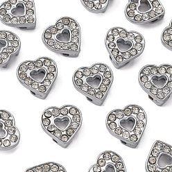 Platinum Alloy Heart Slide Charms with Grade A Rhinestones, Platinum, 12x12x5mm, Hole: 7x2mm